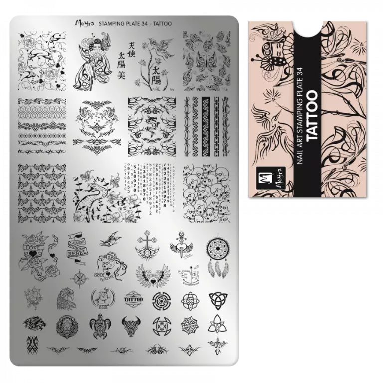 Moyra Stamping Schablone - Stempeln statt Malen - die schnelle und kreative Nailart für Anfänger und Profis zugleich - Tattoo Nr.34